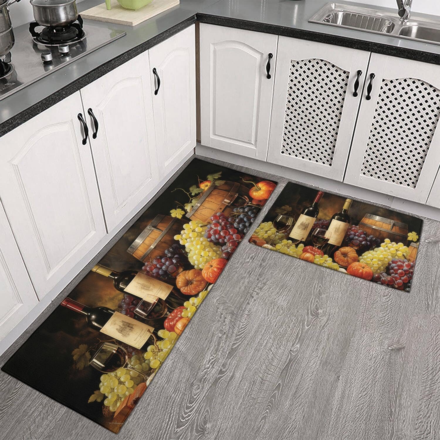 Red Wine Kitchen Rugs Sets of 2, 3D Grapes Farmhouse Washable Anti Fatigue Kitchen Runner Mats for Floor, Non Slip Comfort Standing Holiday Decor Mat for Sink, Laundry, Office 17"x 47"+17"x 30"