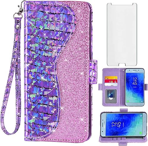 Funda de teléfono para Samsung Galaxy J3 Orbit J 3 Star 2018 3J Achieve Funda tipo cartera con protector de pantalla y tarjetero abatible con