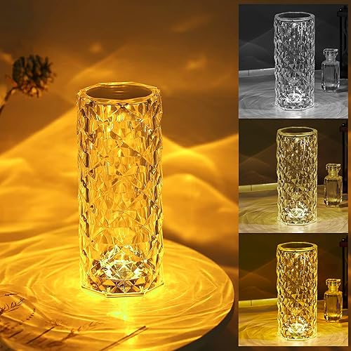 Lámpara de mesa de cristal, lámpara de mesita de noche moderna al tacto, 3 colores cambiantes, lámpara de mesa de rosa recargable por USB, luz de