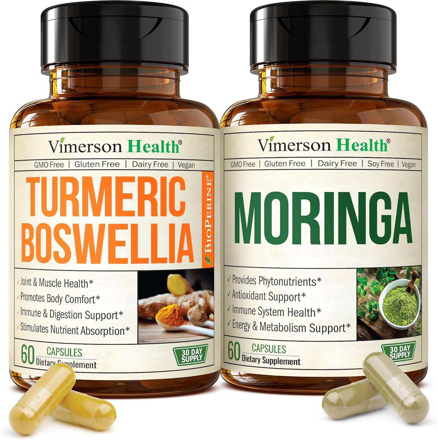 Boswellia Turmeric Curcumin Supplement + Moringa Capsules Bundle – Supports Joint Health, Balanced Energy & Healthy Metabolism – with Ginger Root, Organic Turmeric Powder and 100% Pure Moringa Powder