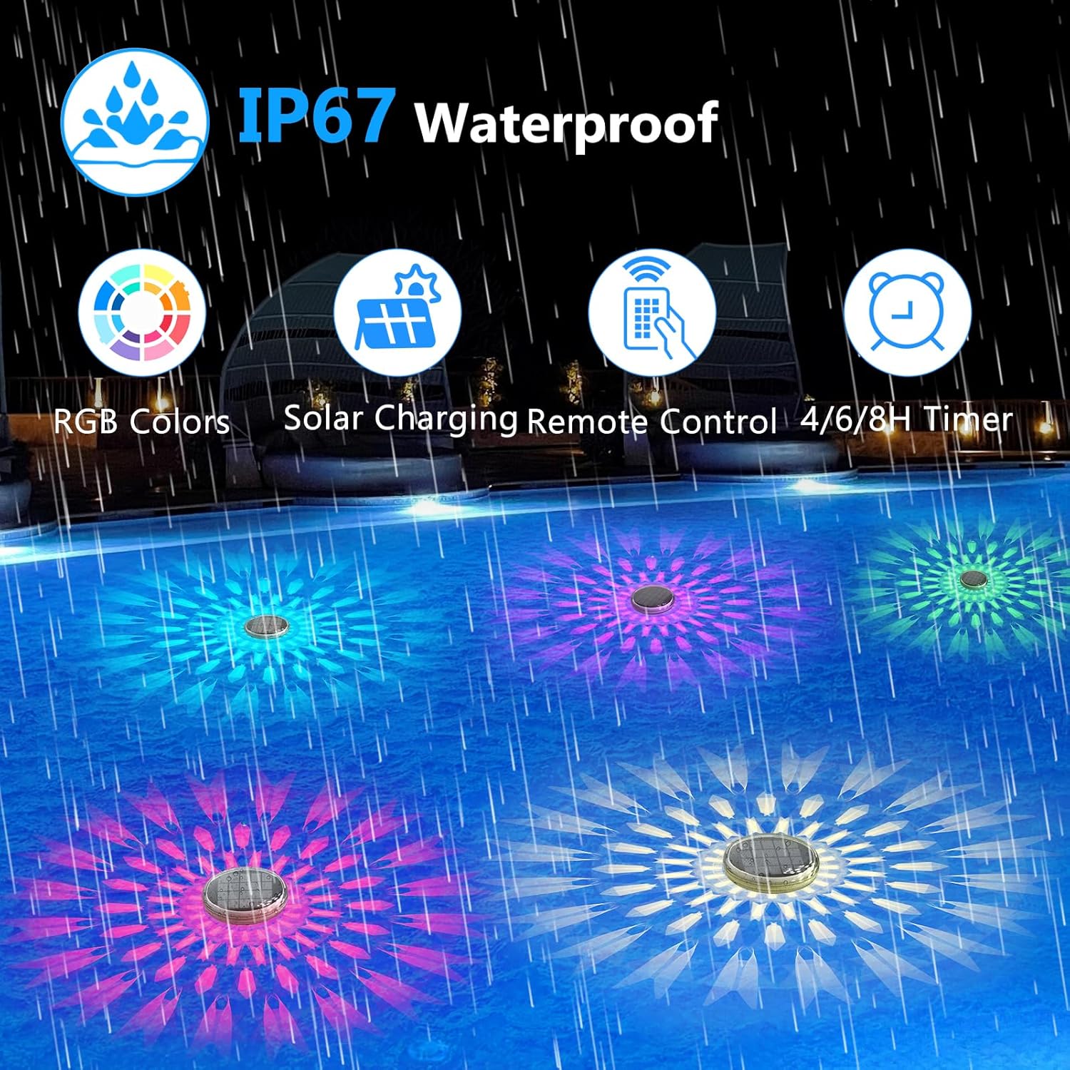 Solar Powered Floating Pool Lights(2 Pack), Pool Lights That Float with Remote Control, 12 Lighting, Timing Mode, IP67 Waterproof for Inground/Above Ground Pool, Pool Party, Bathroom, Bathtub, Garden
