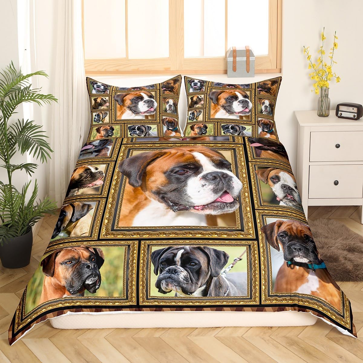 Feelyou Boxer Dog Bedding Set Queen Size - Cute Puppy Comforter Cover for Kids, Teens, Adults - Lover Gift Duvet Cover, Bedspread, Room Decor - 3Pcs With 2 Pillow Cases