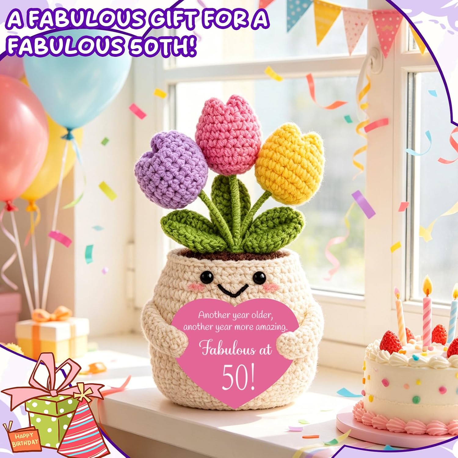 50th Birthday Gifts for Women Her Handmade Crochet Tulip with 50th Birthday Card Funny Birthday Gift Ideas for Mom Aunt Sister Friend Wife