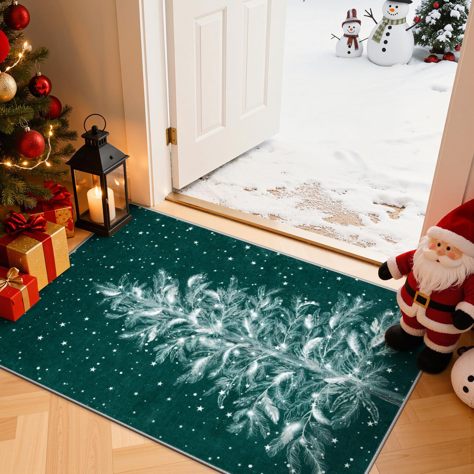 Lahome Christmas Doormat Rug 2x3 Non-Slip, Washable Kitchen Rugs Green Area Rug Soft Bathroom Rugs, Christmas Tree Print Holiday Decor Untra-Thin Bath Mat Carpet for Bedside Sink Entryway Be