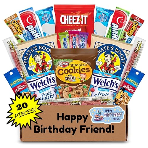 Hangry Kit Caja de aperitivos de cumpleaños para tu amigo, (20 unidades) paquete de cuidado de cesta de regalo de feliz cumpleaños, contiene