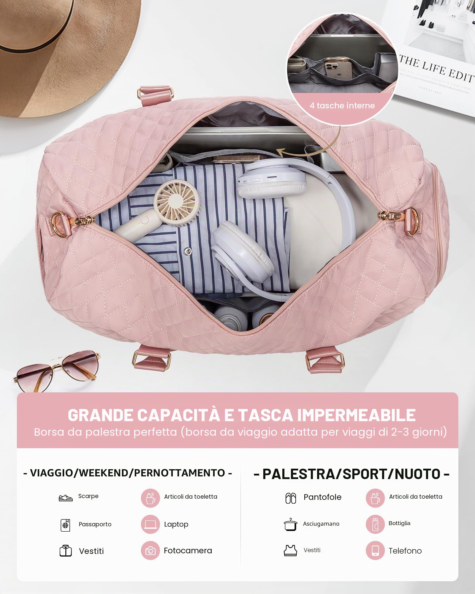 LOVEVOOK Borsone da Viaggio Donna Borsone Palestra con Scomparto per le Scarpe, Grande Borsa Parto Ospedale Mamma Nascita, Impermeabile Borsa Piscina Sportiva, Travel Weekender Gym Bag Rosa