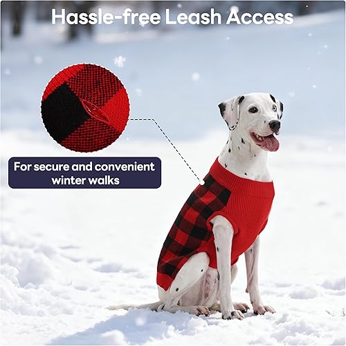 Miniatura 8 de PUMYPOREITY Classic Plaid Dog Sweater with Leash Hole, Warm Stretchy Knitwear for Small Medium Dog, Soft Jacquard Knit Pullover with Elastic High