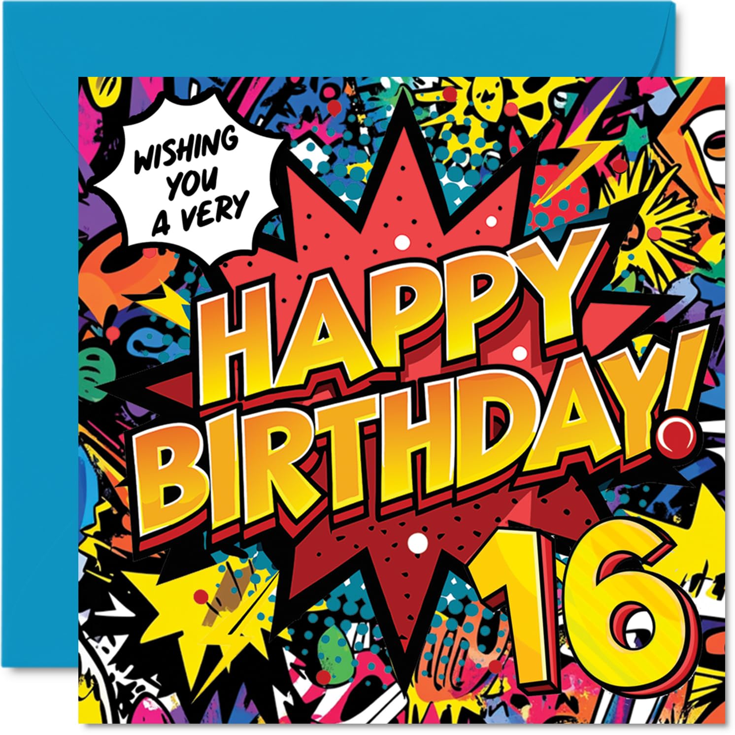 16th Birthday Cards for Girls Boys - Comic Book Pow! - Happy Birthday Card for 16 Year Old Girl Boy Brother Sister Granddaughter Grandson, 145mm Bday Greeting Cards