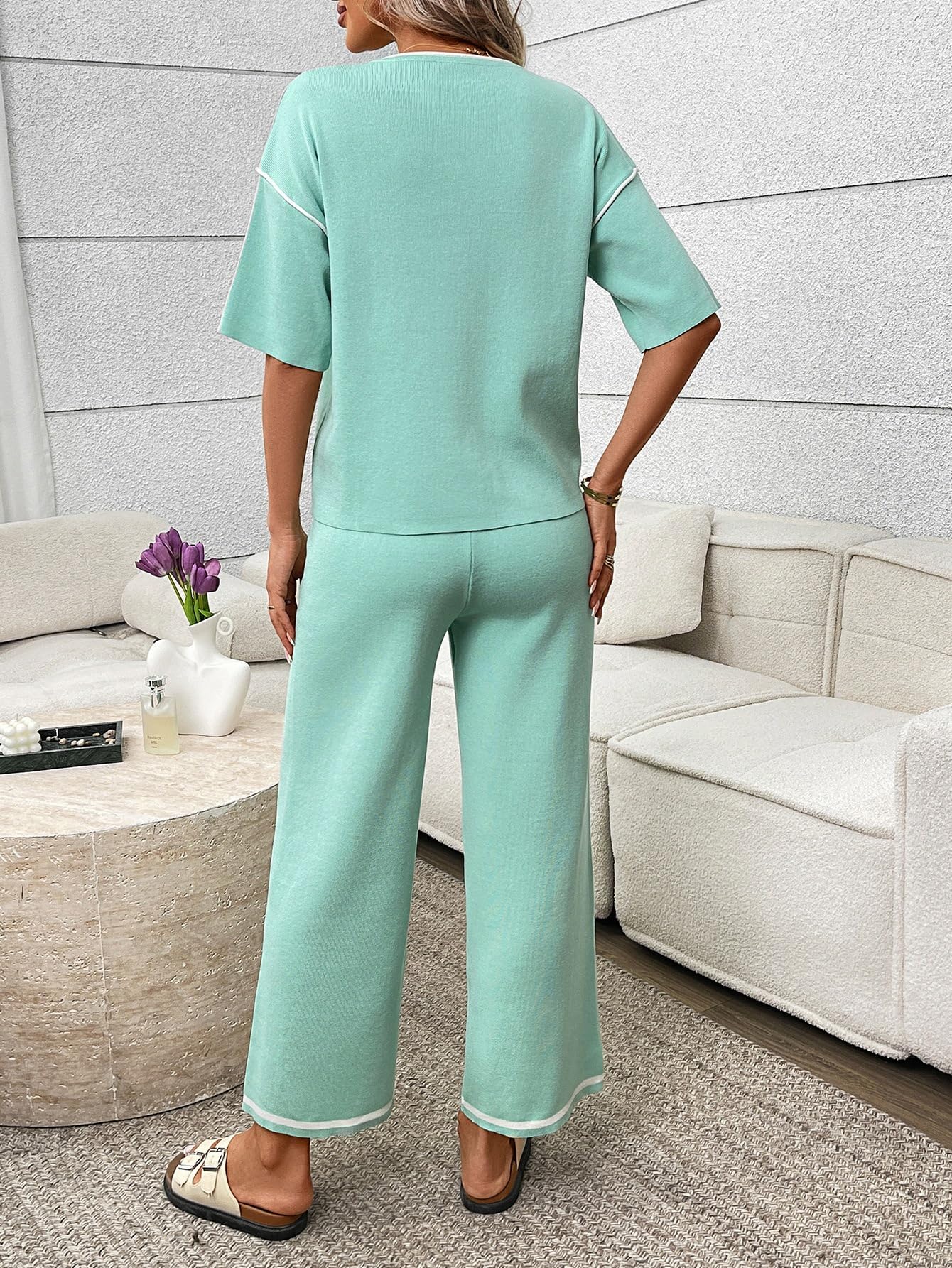 Genérico Conjunto De Dos Piezas De Verano para Mujer: Top De Manga Corta Y Pantalón De Pierna Ancha. Conjunto Deportivo Suave Y Ligero, Elástico, Informal, Ideal para Vacaciones Y para Viajar.