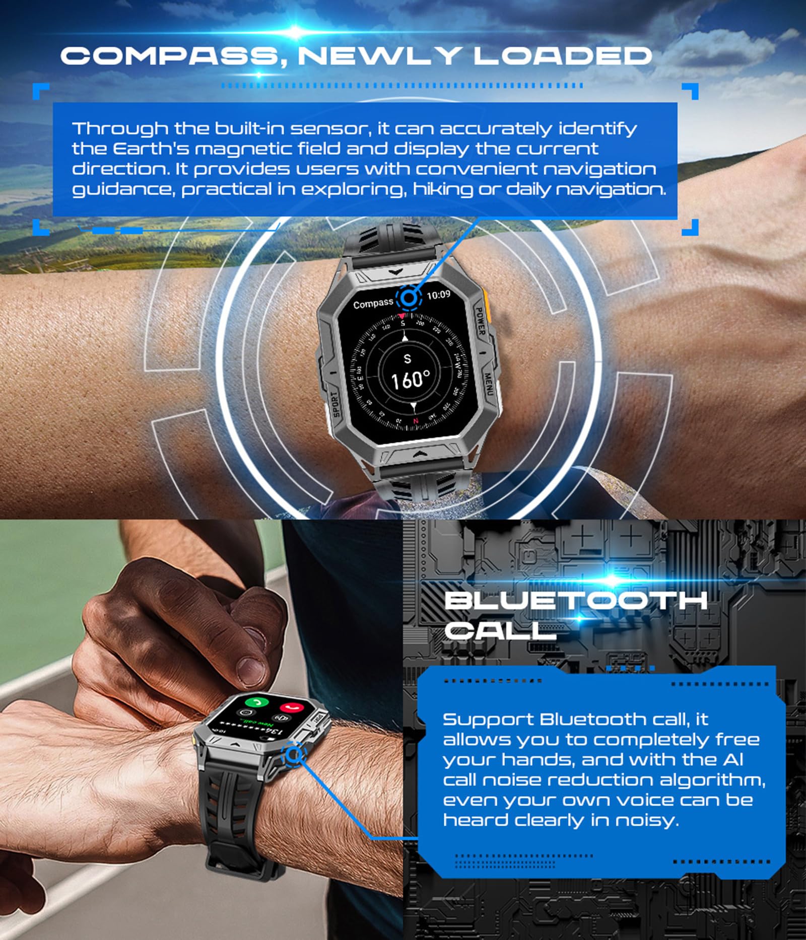 Smartwatch Herren Militär Uhr 100 Tage Akkulaufzeit Sportuhren Herren mit Kompass Höhenmesser Barometer IP68 Wasserdicht Fitnessuhr Pulsmesser Blutdruck 2,13" AMOLED Display Smart Watch Android iOS