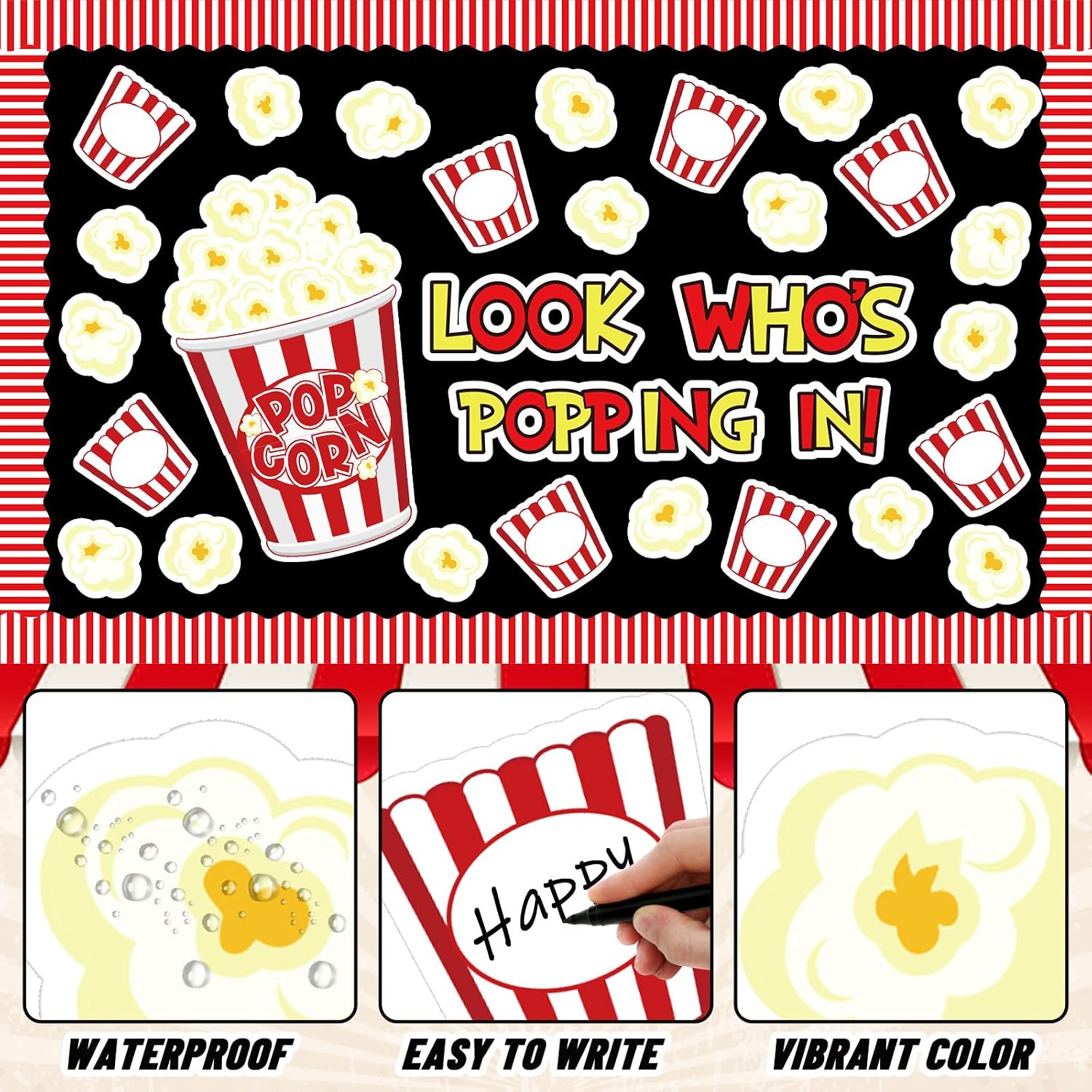 JarThenaAMCS 77 Pcs Popcorn Bulletin Board Decoration Funny Popcorn Bucket Paper Cutouts with 150 Pcs Glue Points for Back to School Movie Night Birthday Party Classroom image 3