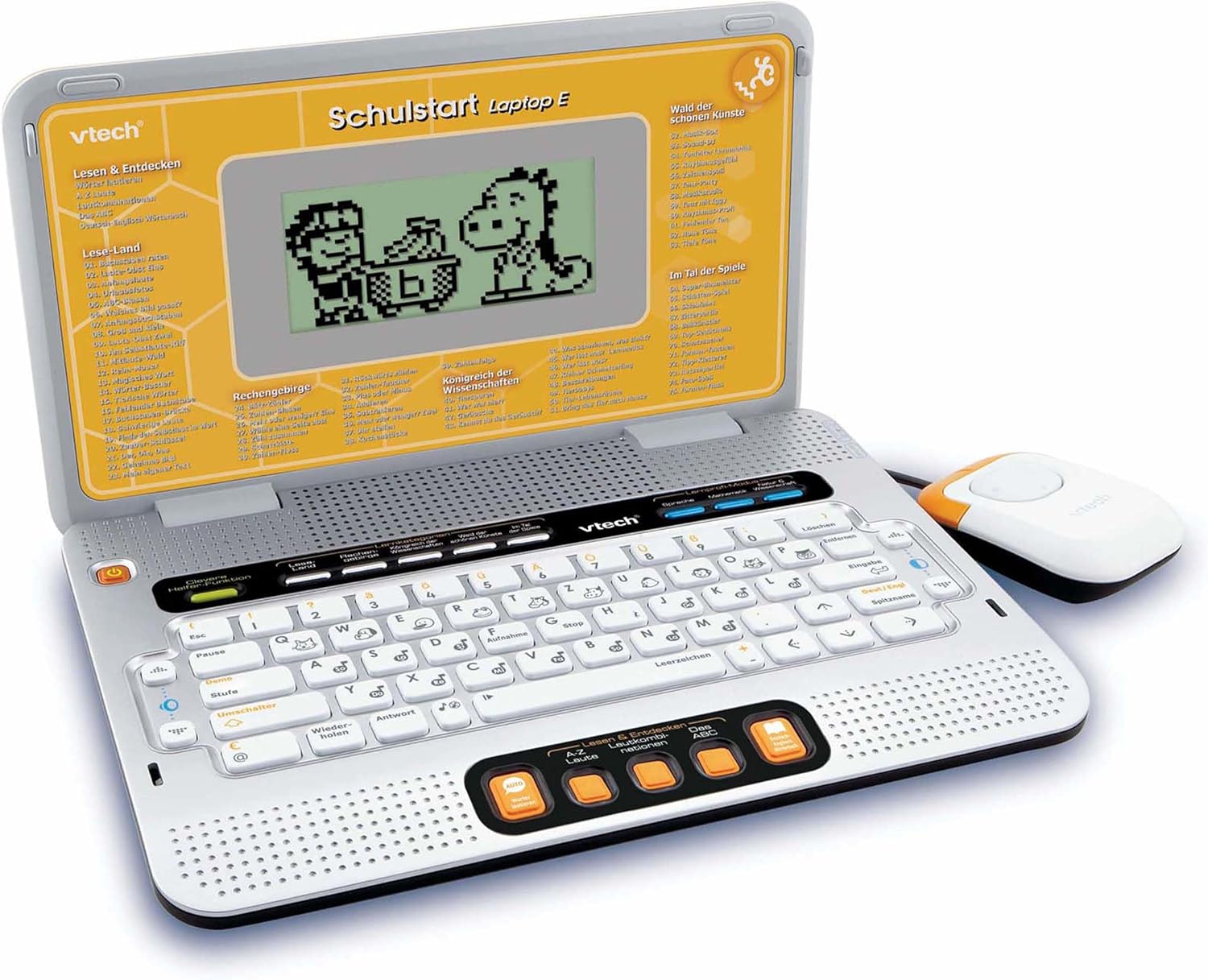 VTech Schulstart Laptop E with the cursor mouse connected, showing the full setup of the learning computer.