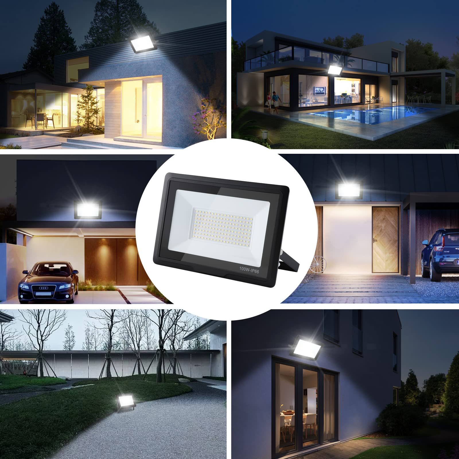 Focos LED Exterior 100W, Superbrillante 10000LM, IP66 Impermeable Proyector 6000K Blanco Frío para Garaje, Jardín, Patio, Estacionamiento (4pcs)