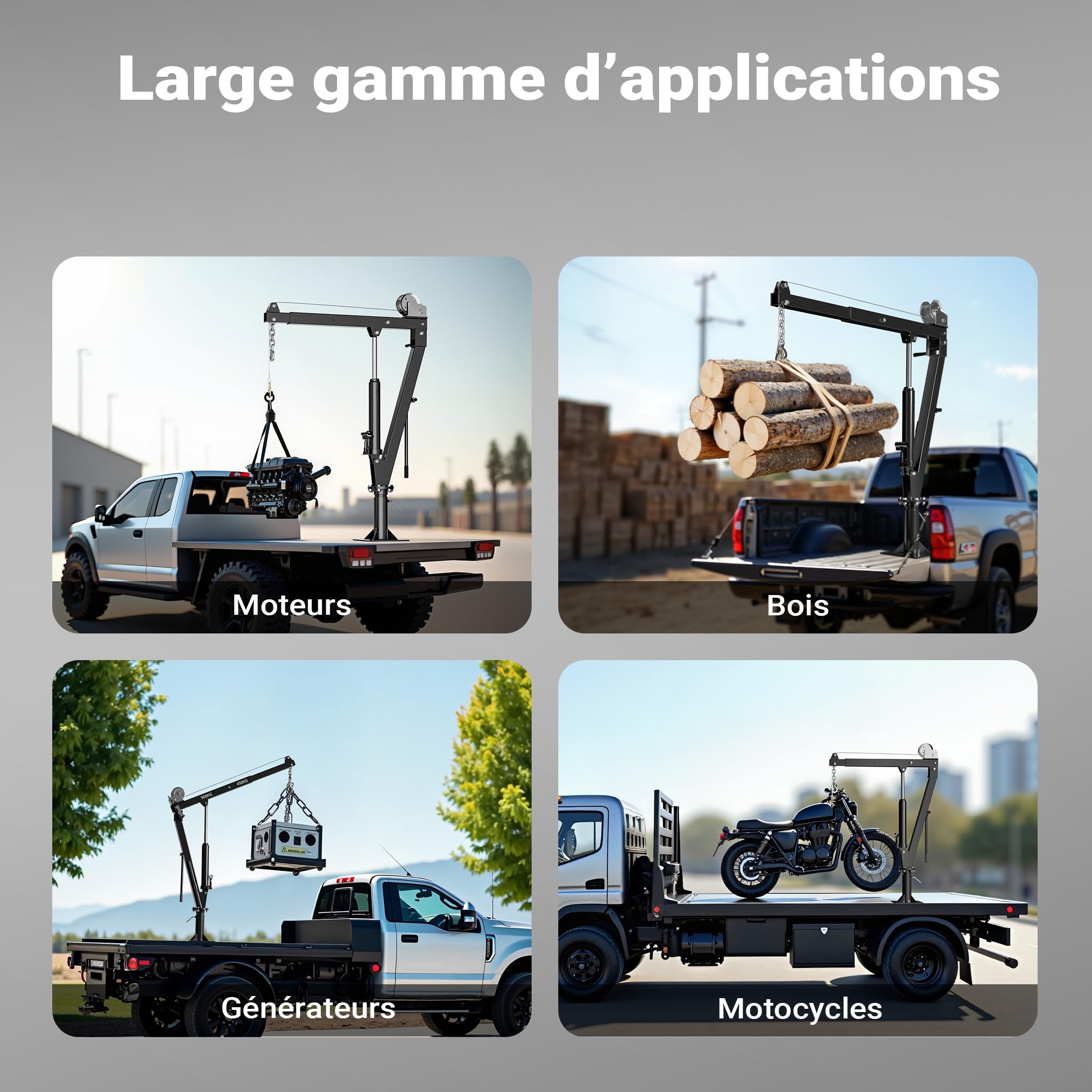 Wiltec Grue de levage de pick-up – Capacité de charge max. de 900 kg – Chèvre mécanique d'atelier avec Socle massif Bras pivotant à 360° et Treuil – Ancrage Fixation au sol et Remorque