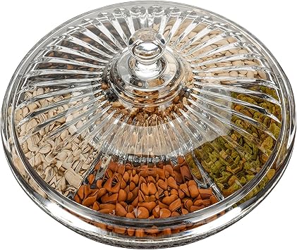 Creative Acrylic Multifunctional Party Snack Tray with Lid,Serving Dishes for Dried Fruits Nuts Candies Fruits,6-Compartment Round