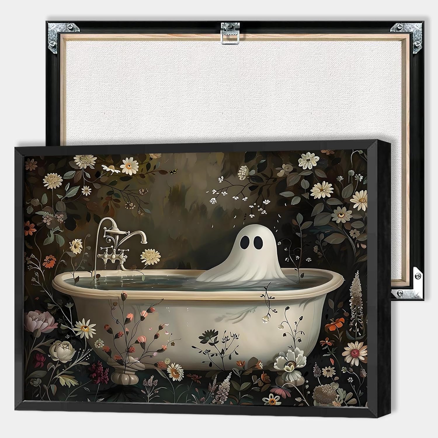 Halloween Bathroom Ghost Wall Art Cute Ghost Floral Botanical Bathtub Canvas Posters Goth Dark Academia Horror Prints Painting For Living Room Bedroom Wall Decor 16x24in Black Framed
