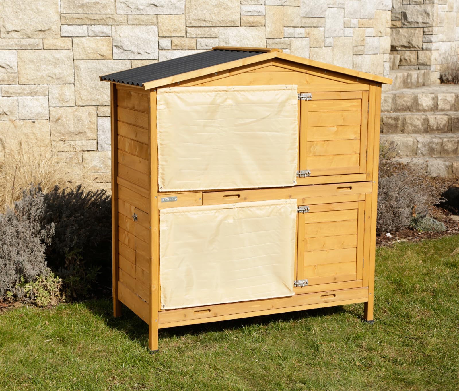 Kerbl Pet Nagerhaus Appartement Pro, 118x61x130 cm, Stall, Holz mit Holzschutzfarbe lasiert, Hasen, Nager, 5 cm hohe Ausziehwanne, wetterfestes Dach