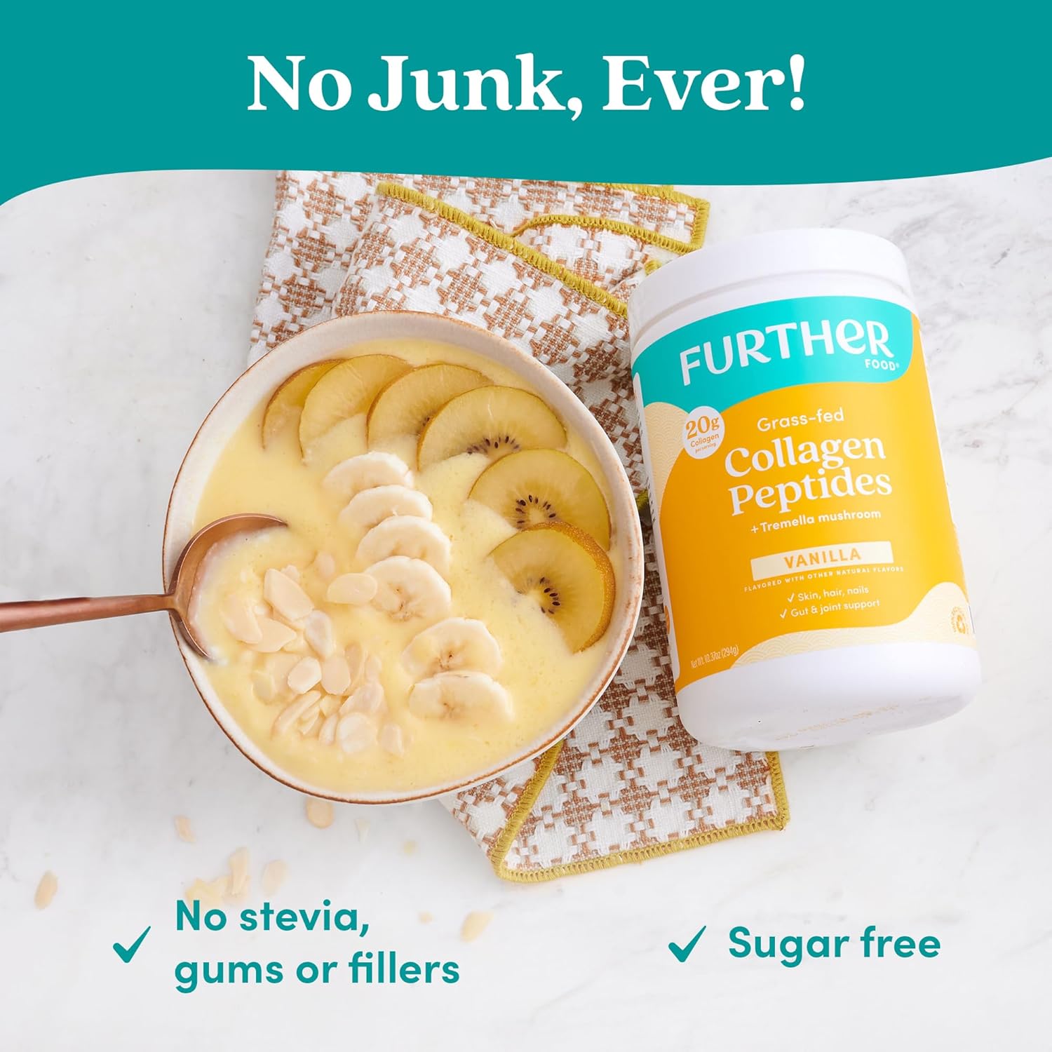 Further Food Vanilla Collagen Peptides Powder with Tremella Mushroom – 100% Grass-Fed, Hydrolyzed Type 1 & 3, 20g of Collagen per Serving, Supports Skin, Hair, Nails & Joints, 10.37 Oz - Image 6