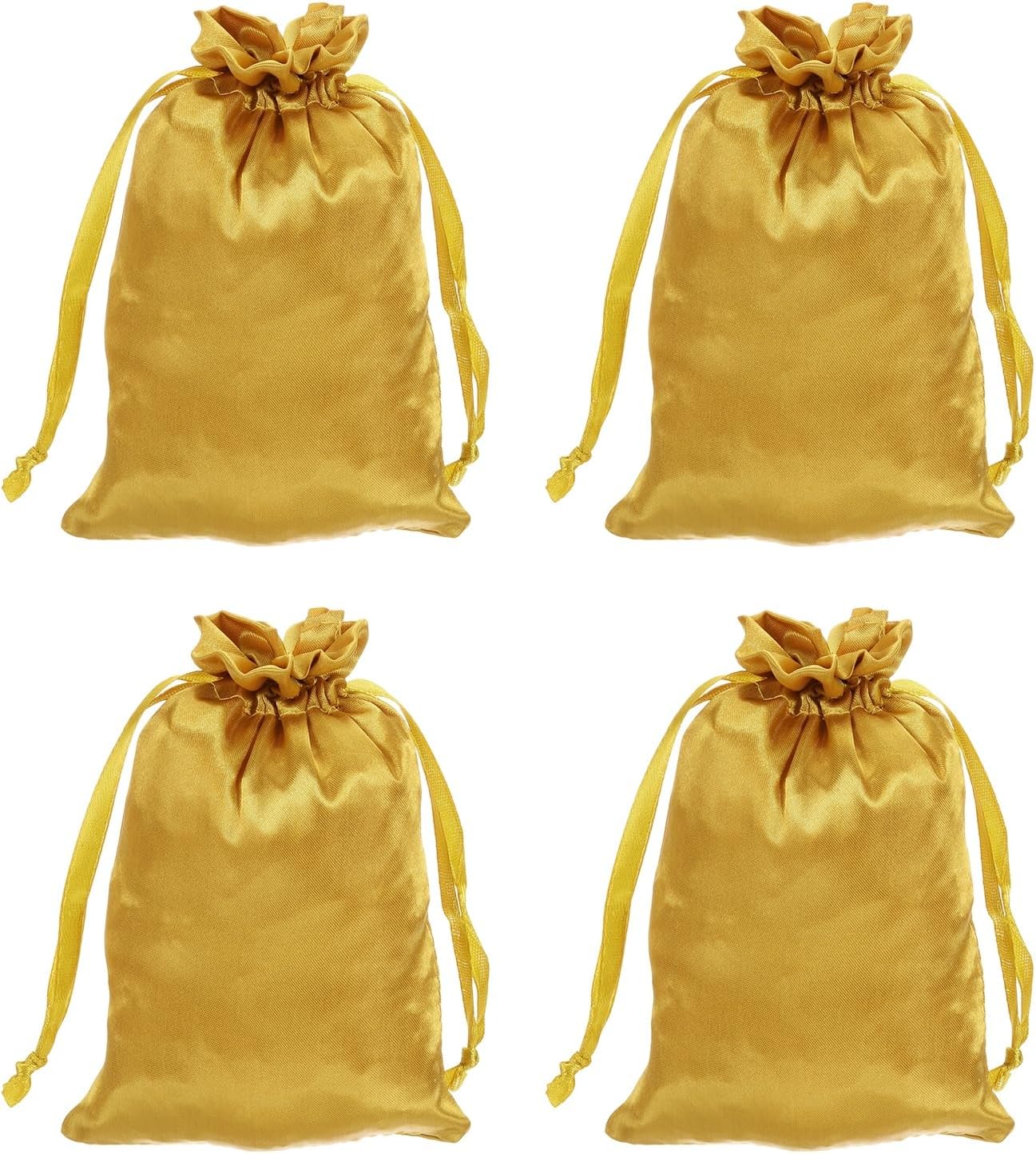 MECCANIXITY Satin Bags with Drawstring, 4x6 Inch Wedding Favor Bag Mini Gift Packaging Bag for Birthday Christmas Jewelry Party (Gold, Pack of 4)