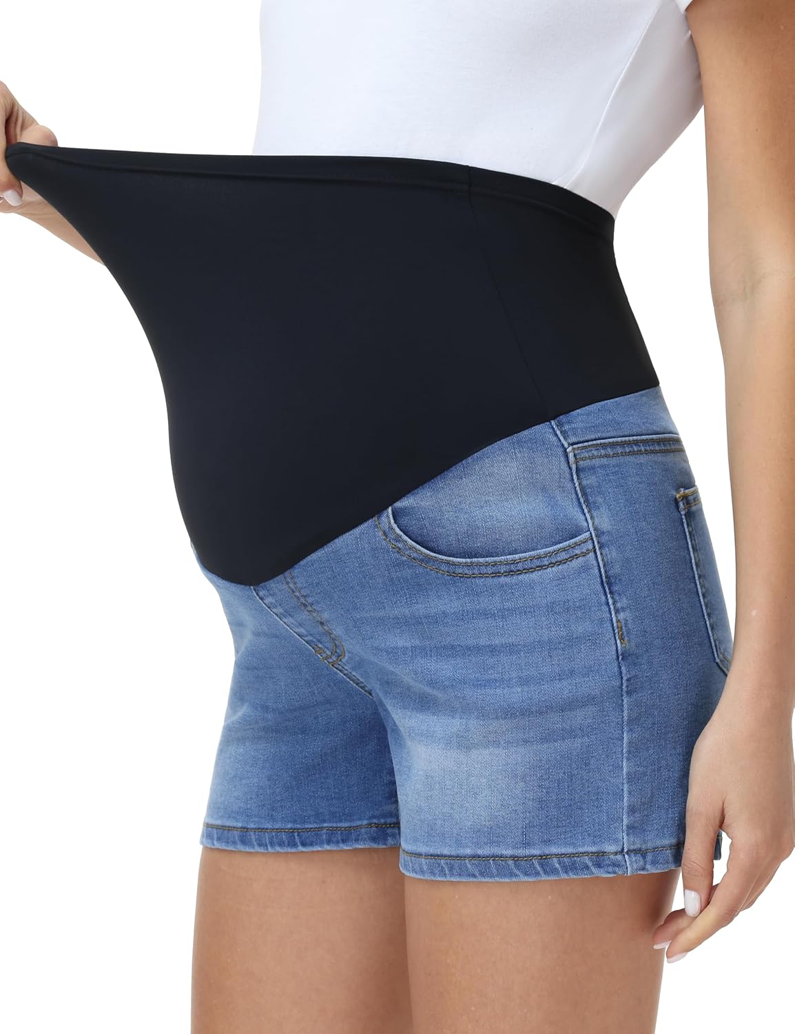 V VOCNI Maternity Jean Shorts Over The Belly Casual Stretchy Comfy Pregnancy Denim Shorts with Pockets Medium Blue X-Large
