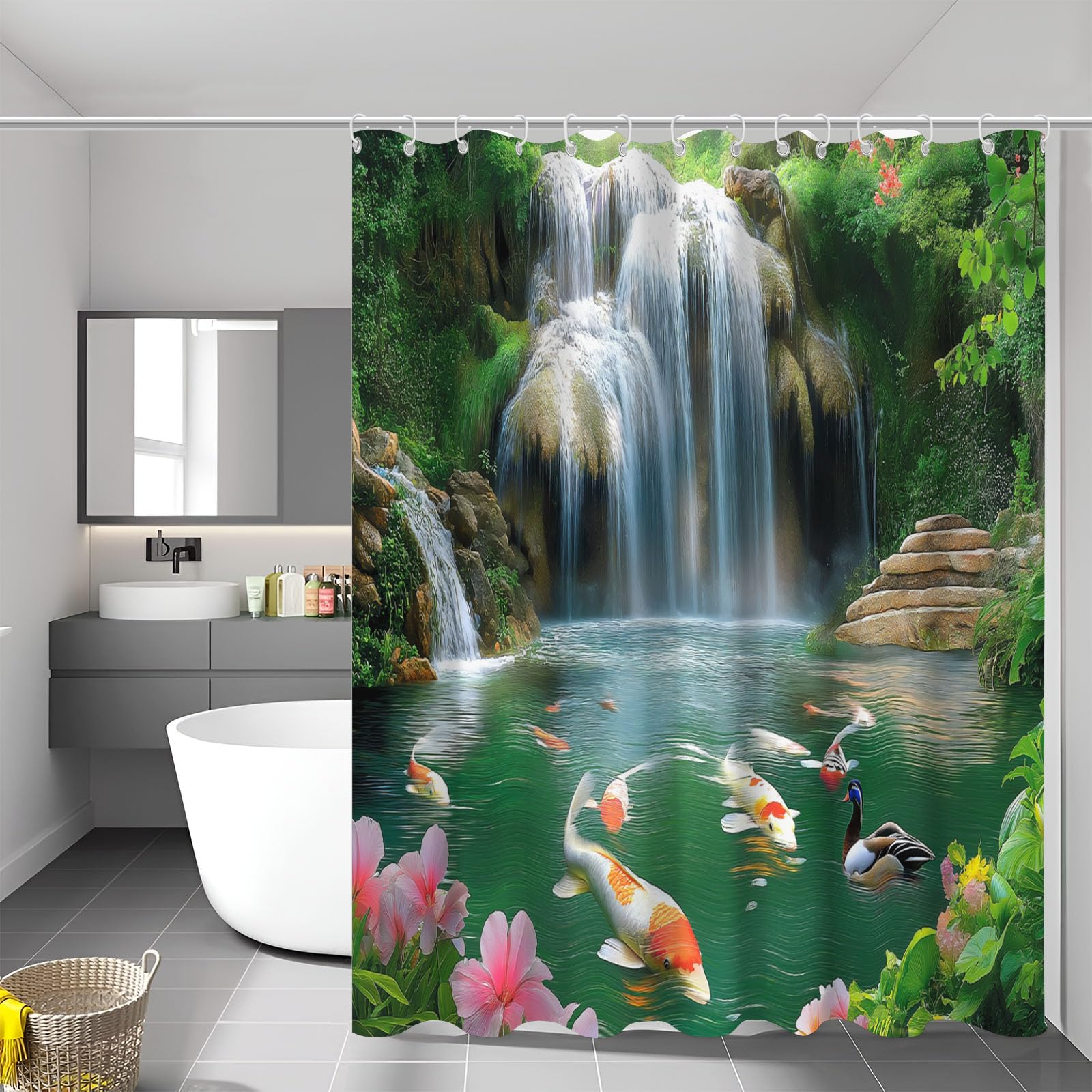 Rideau de douche étang koi en tissu polyester imperméable lavable 180x200 cm