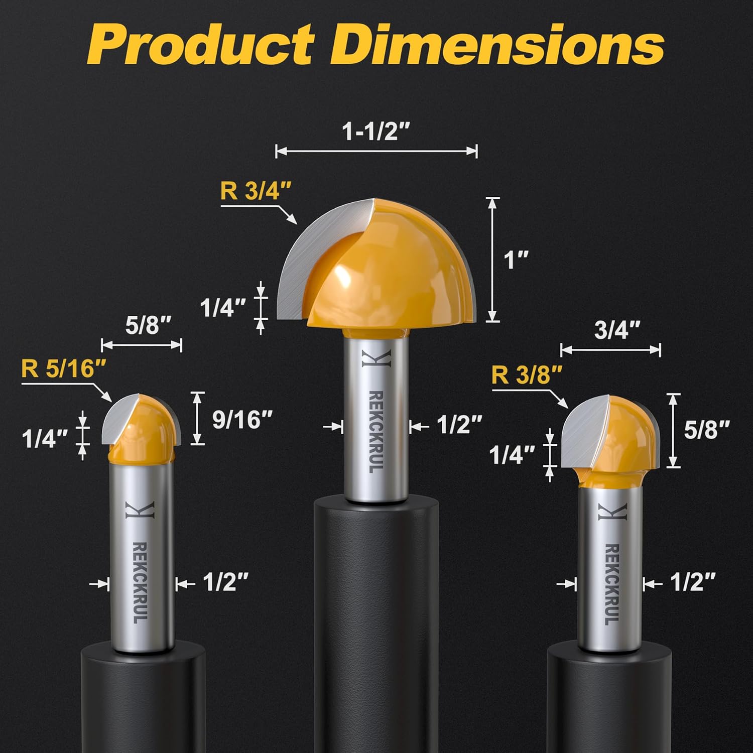 3PCS Core Box Router Bit Set – Precision, Durability, and Versatility in One Set, with 1/2 inch Shank 5/8, 3/4, 1-1/2 inch Cutting Diameter