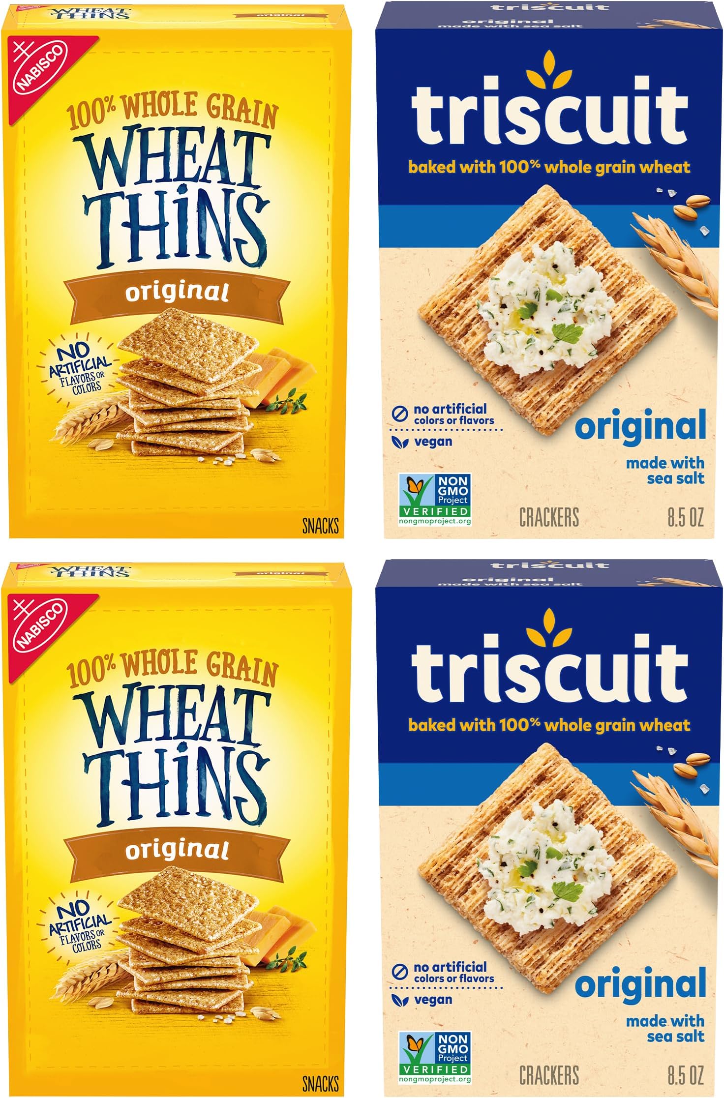 Triscuit Original Whole Grain Wheat Vegan Crackers and Wheat Thins Original Whole Grain Wheat Snacks Variety Pack, Bulk Snacks, 4 Boxes