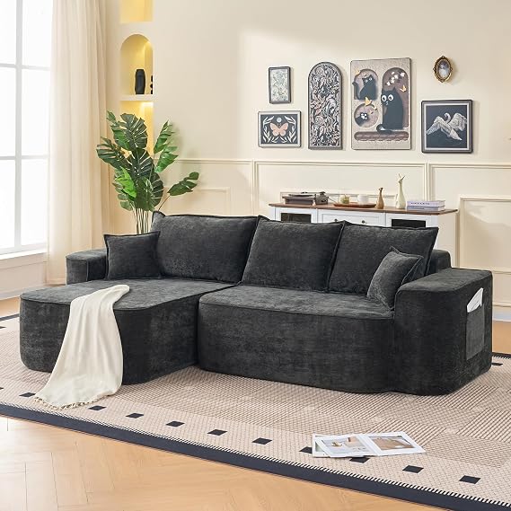 L Shaped Sectional Sofa, 104 Cloud Boneless Couch with Chaise, No Assembly Needed, Modern Chenille Modular Corner Sofa for Living Room,Black