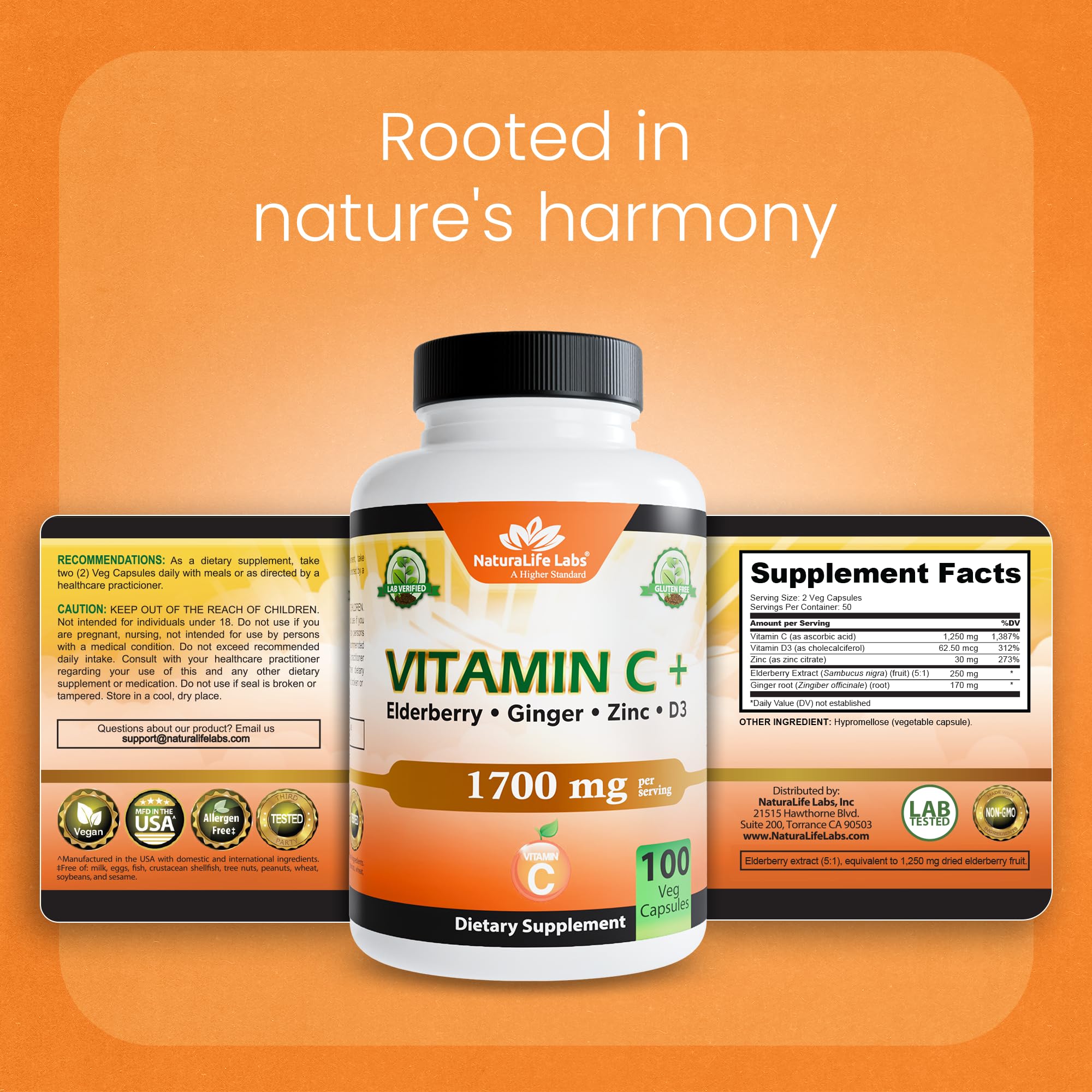 NaturaLife Labs Vitamin C with Vitamin D3, Zinc, Elderberry & Ginger Root – 1,700 mg per Serving – 100 Capsules, Vegan, Non-GMO, Gluten Free — Amazon image 8