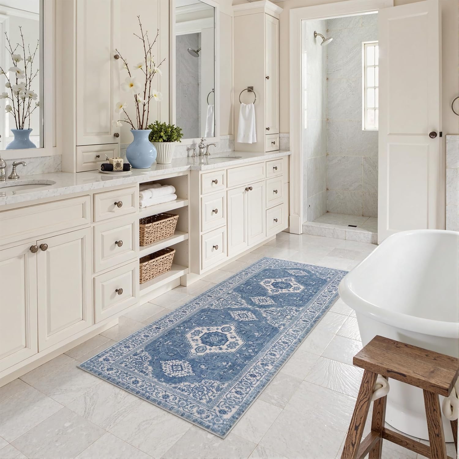 Seavish Large Blue Boho Bathroom Rugs, 24x60 Inch Vintage Farmhouse Absorbent Bath Mat, Washable Non Slip Bathroom Runner for Vanity Sink Tub Laundry, Oriental Distressed Plush Microfiber Bath Rugs