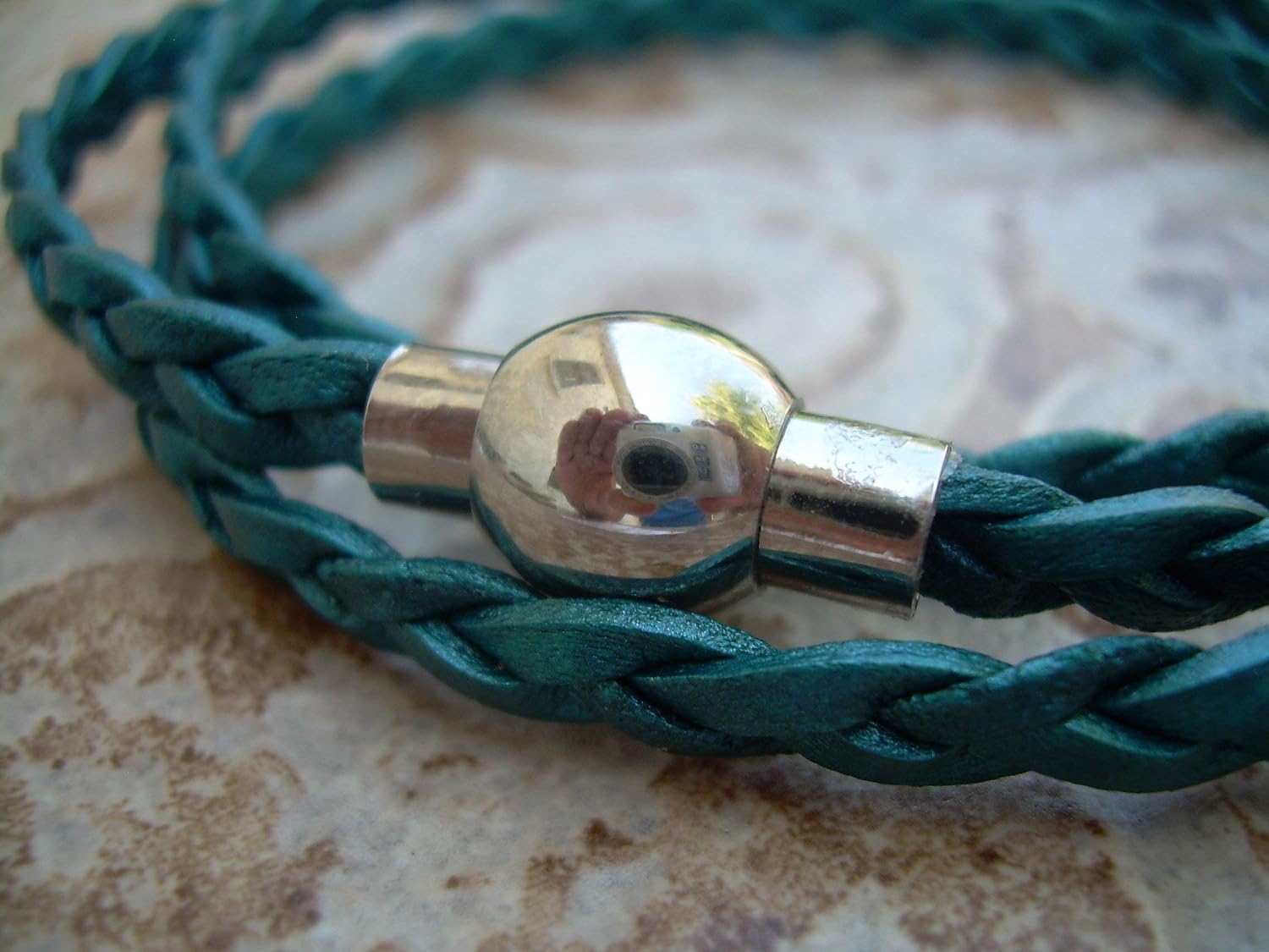 Womens Leather Bracelet, Triple Wrap, Stainless Steel Magnetic Clasp, Metallic Teal, Womens Bracelet, Womens Jewelry