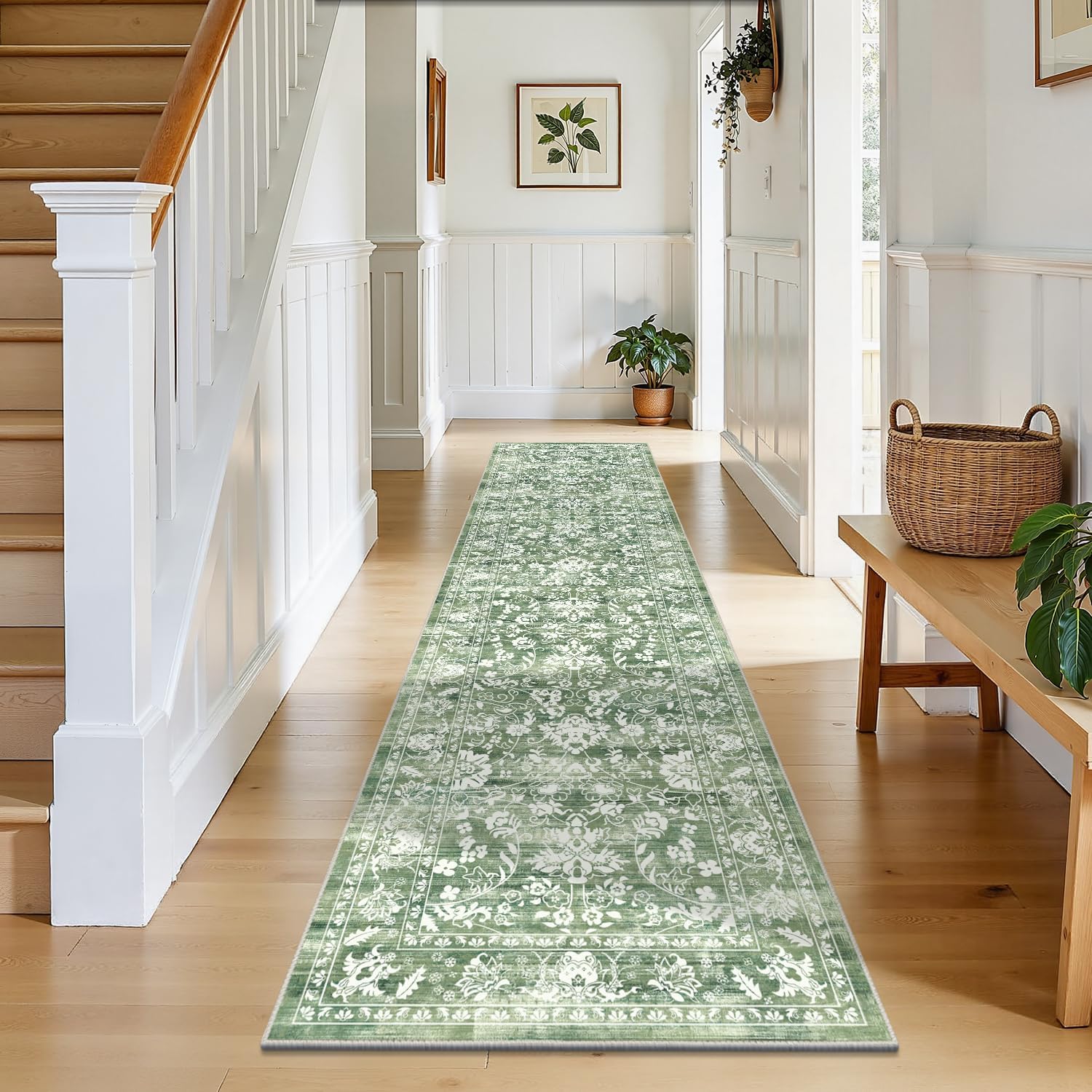 LOKHOM Washable Runner Rug, 2x8 Green Non-Slip Vintage Hallway Runner Rug with Rubber Backing, Boho Floral Soft Faux Wool Kitchen Rug Carpet Runner for Laundry Entryway Bedroom (Tender Green)