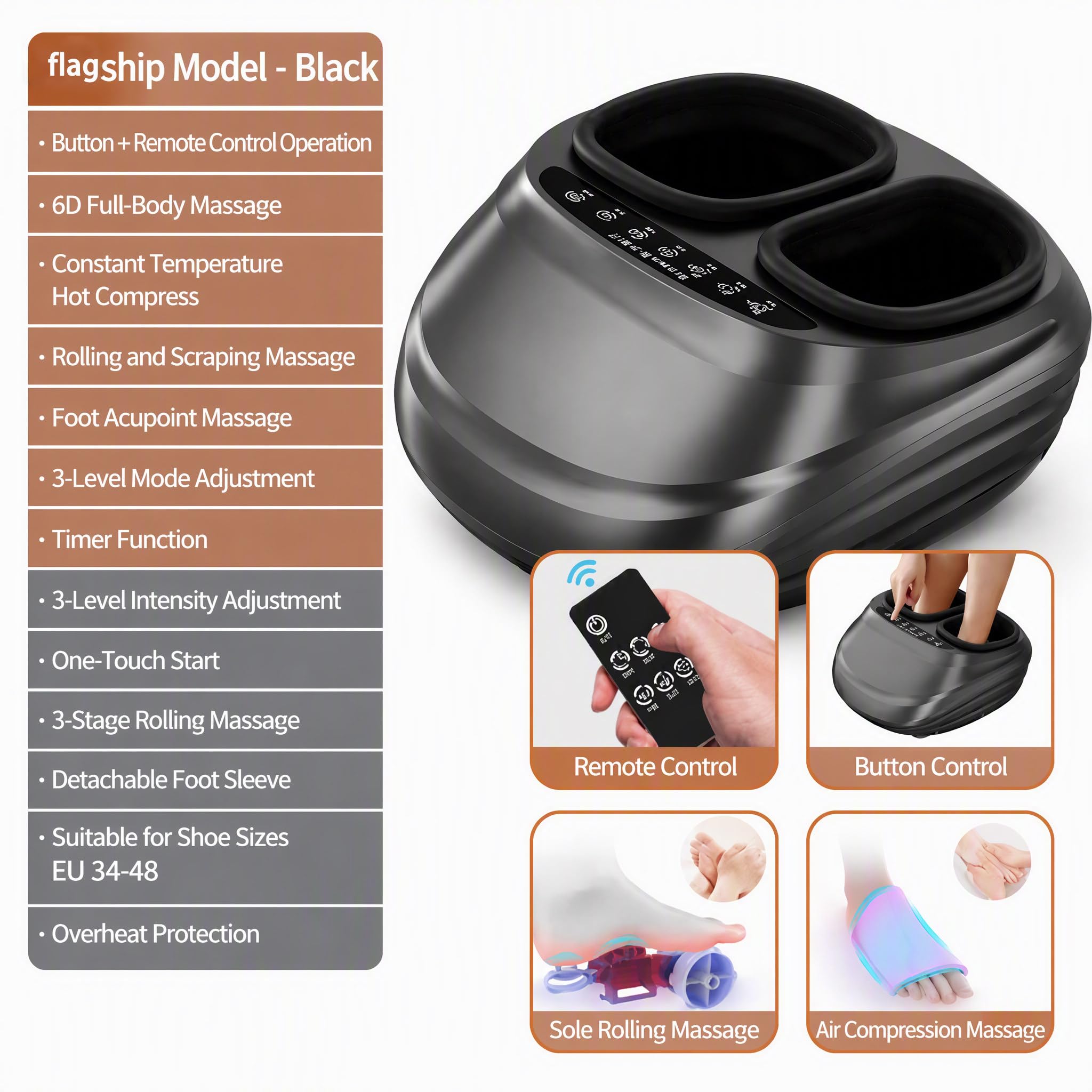 Masser Pieds Electrique Chauffant Shiatsu Massage Profond Gris Fonce Black