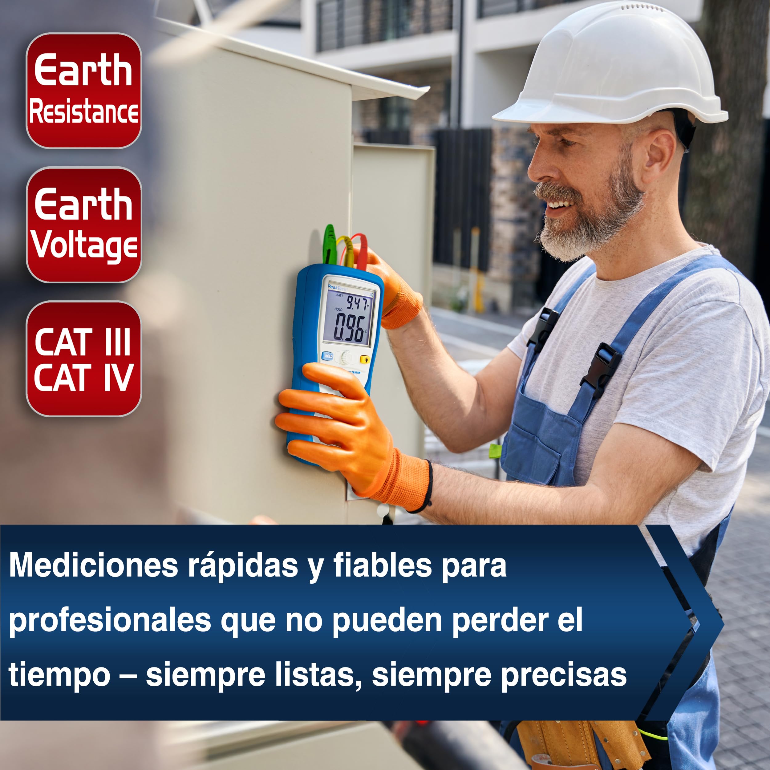 PeakTech 2700 - Probador Digital con Pantalla LCD Doble y 2 Varillas, Resistencia a Tierra, Ac/Dc, Tuv/Gs, Retención de Datos, Desconexión Automática, Puesta a Cero Automática - Cat III 1000 V
