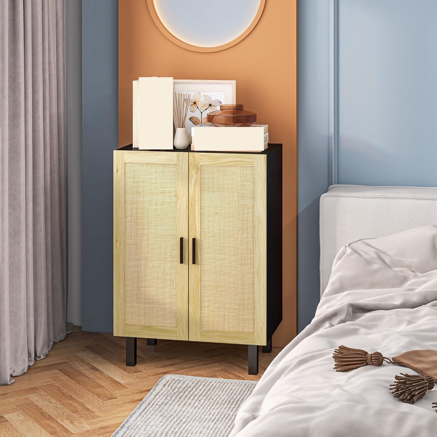 Rattan Door Sideboard Buffet Cabinet - Stylish Coffee Cabinet with Adjustable Shelves for Dining Room, Living Room Storage & Organization