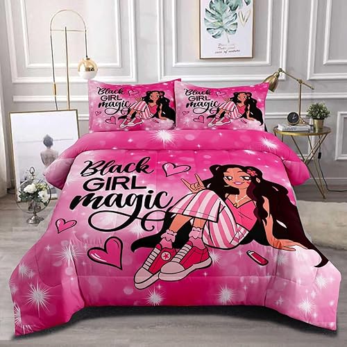 Juego de edredón de niña negra tamaño individual para niños, juegos de ropa de cama mágica de niña negra, juego de edredón de princesa melanina