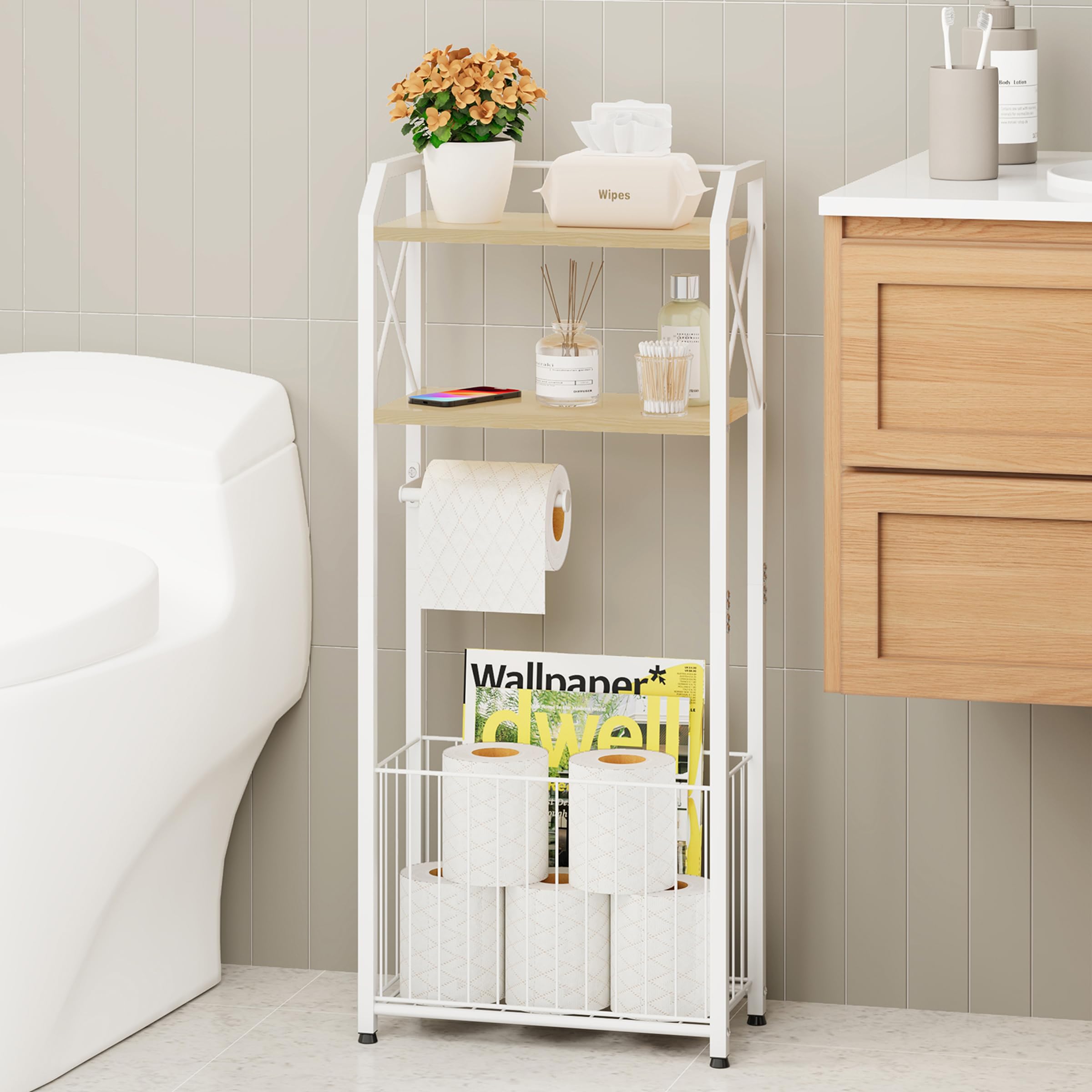 HapiRm Freestanding Toilet Roll Holder - 4-Tier Toilet Roll Stand with Wood Shelves and Large Basket, Toilet Paper Holder Stand for Bathroom, Laundry Room, Apartment