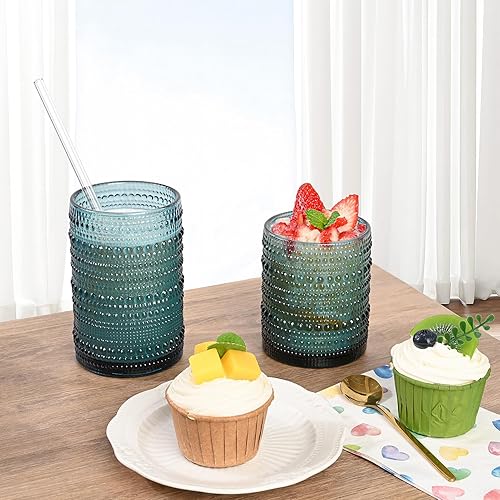 Miniatura 2 de Juego de 12 vasos de vidrio vintage para beber, vasos azules de 12 onzas y 15 onzas, vaso de agua en relieve, para cerveza, cóctel, whisky, jugo y