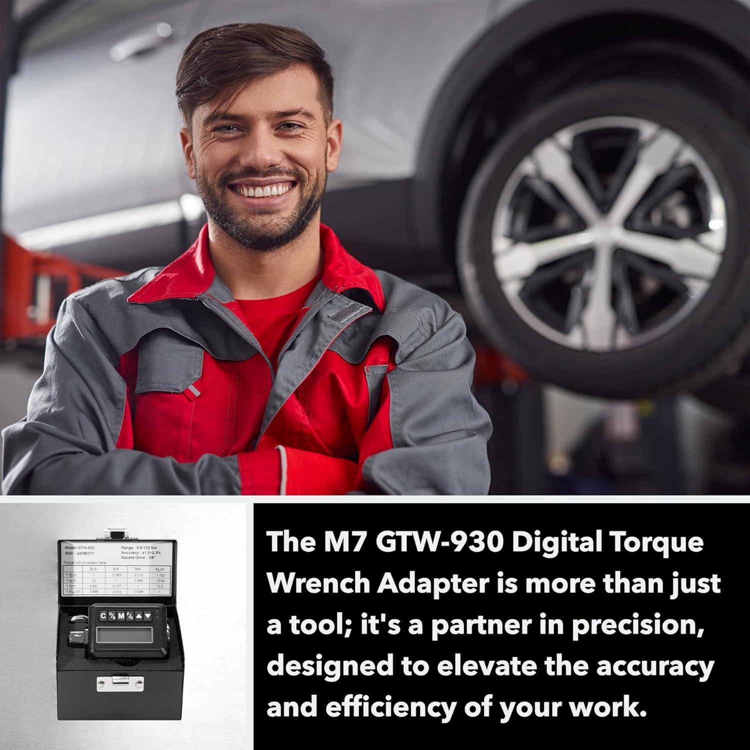 M7 GTW-930 3/8-inch Digital Torque Wrench Adapter, Convert 3/8-inch Ratchet Wrenches into Precision Tools, Digital Torque Adapter with Tone Alert, Torque Converter Mechanic Tool in Three Unit Displays
