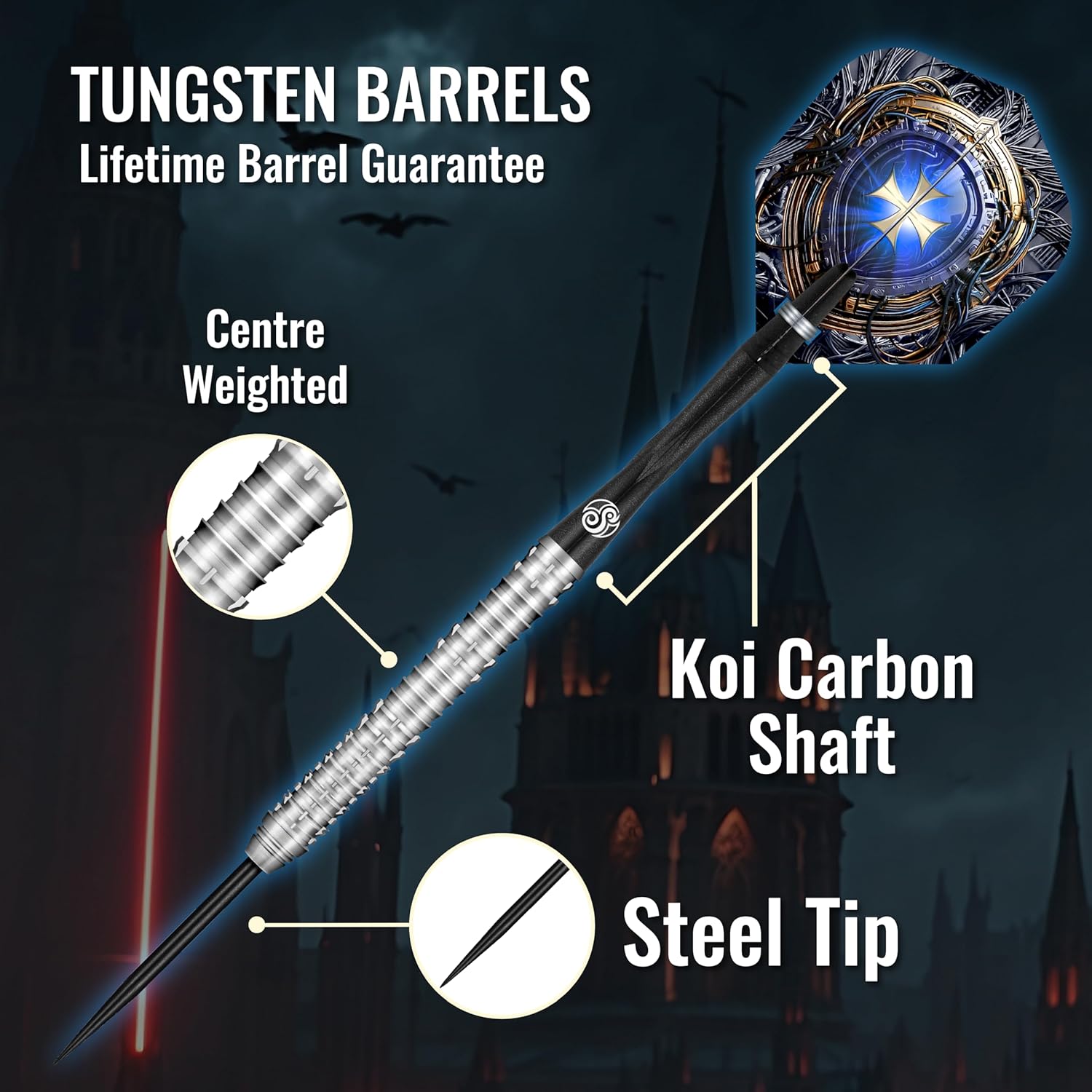 Shot! Darts Future Knights Iron Soul Steel Tip Dart Set | 90% Tungsten Barrels | Precision Machined for Accuracy | Professional Metal Tip Darts with Flights for Bristle Dartboard | Made in New Zealand