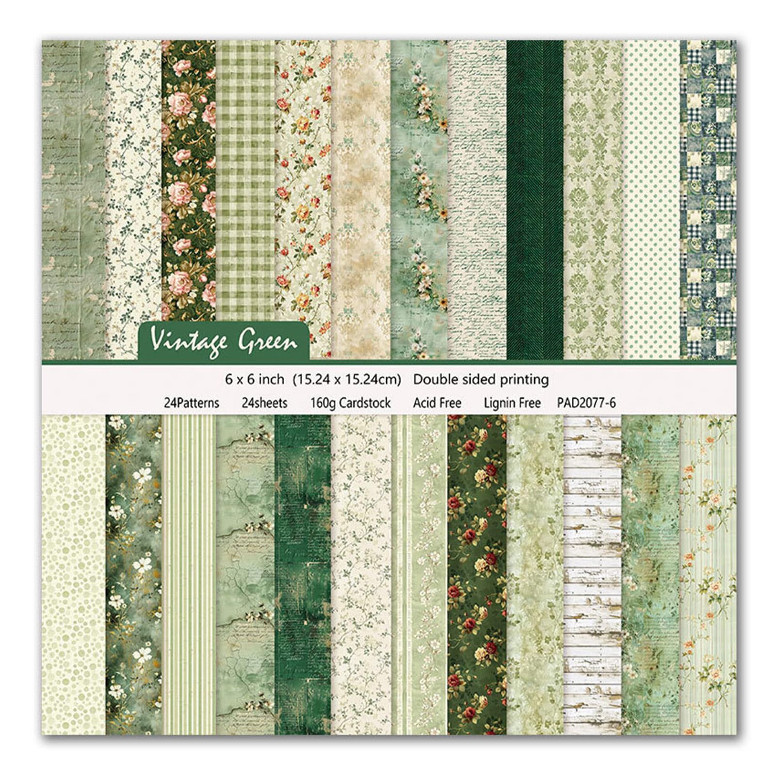 PLUSHCEWT Vintage Double-Sided Pattern Scrapbook Paper Pack, 24 Sheets 6x6 in, Cardstock for Origami, Scrapbooking, Decoupage, Card Making, Craft Paper Sheets for Journaling & DIY Projects (Green)