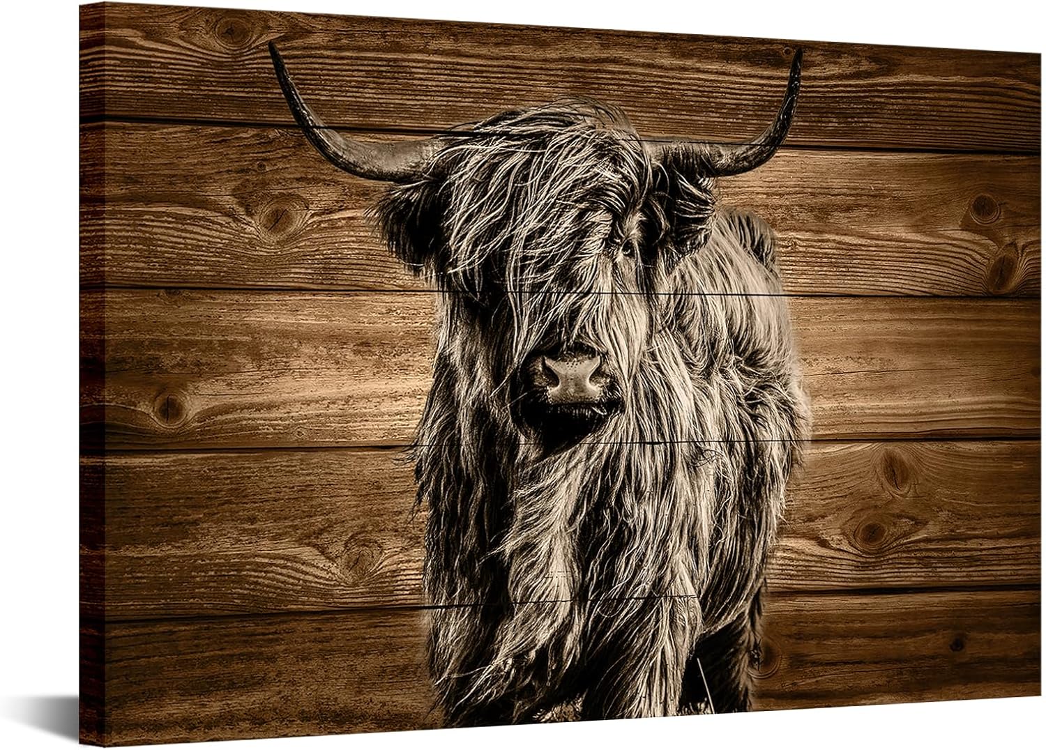 KREATIVE ARTS Highland Cow Wall Art Canvas Sepia Longhorn Cattle Painting Vintage Wood Background Giclee Prints Large 24x36 Farmhouse Decor Ready to Hang