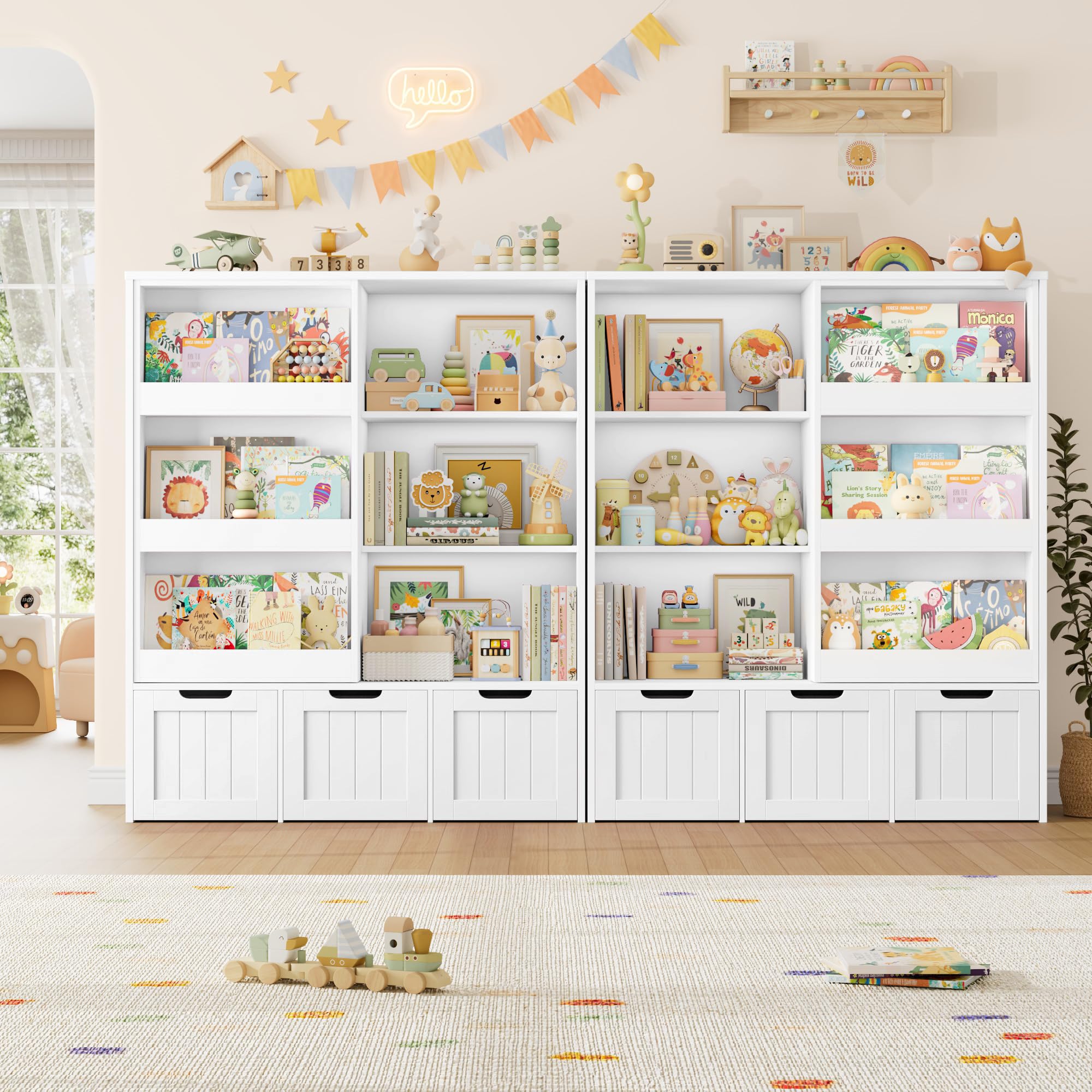 FOREHILL Bibliothèque Enfant avec Porte Coulissante Meuble Rangement Enfant avec 10 Étagères 3 Tiroirs Roulants Meubles Rangement Jouet pour Chambre d’Enfants 120,5x37x100cm Blanc