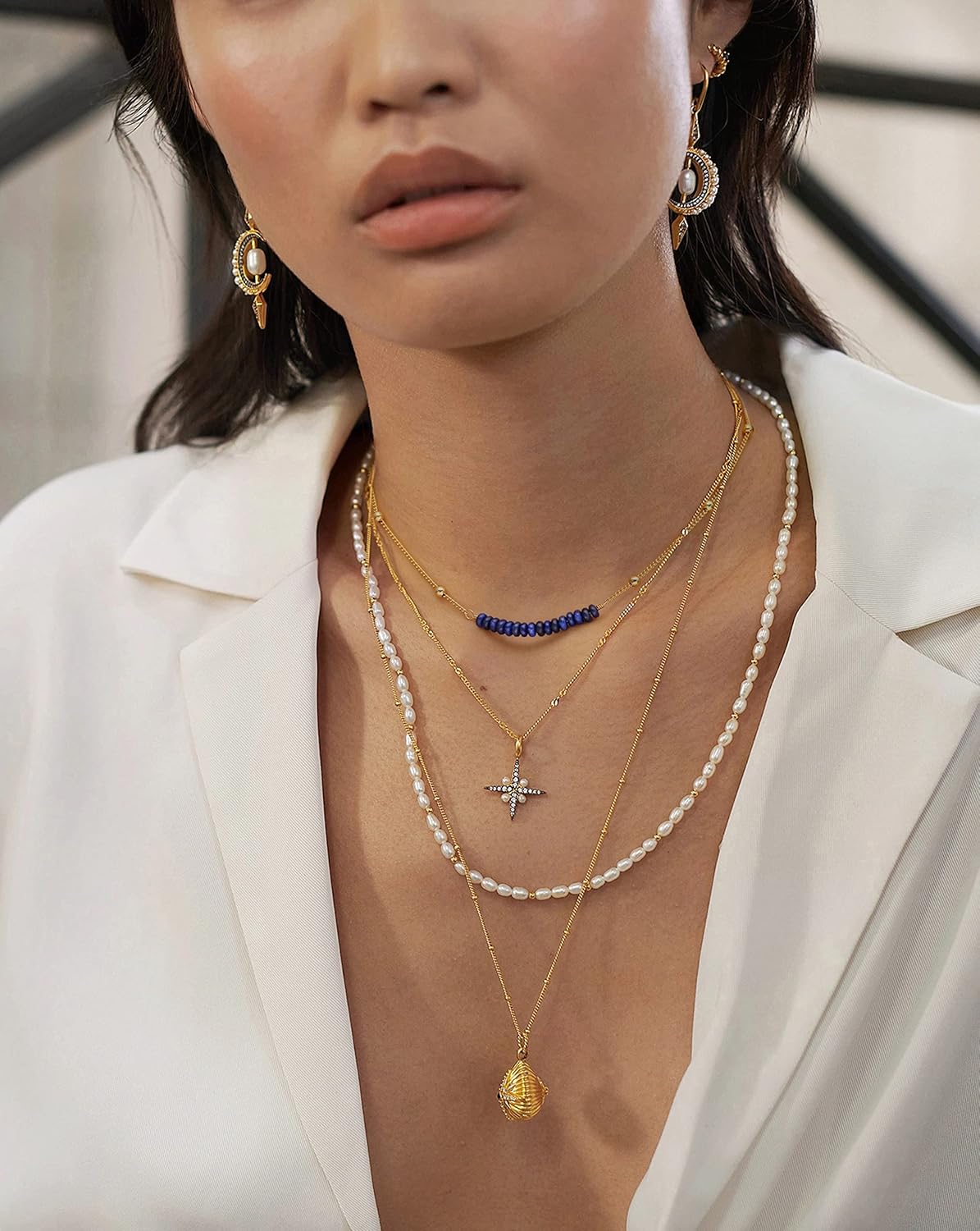 PERNNLA PEARL 18K Gold Plated Satellite Beaded Curb Ball Chain Choker Synthetic Turquoise Garnet Beads Bar Necklace Handmade Pendant Jewelry Adjustable for Women 16”+ 2” - Image 2