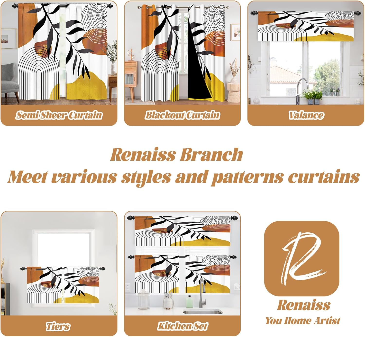 Renaiss 26 x 45 Inch Mid Century Boho Kitchen Tier Curtains with Rod Pocket Black Leaf Abstract Art Bohemian Cafe Bathroom Curtains Geometry Arch Short Linen Curtain for Half Window Decor 2 Panels