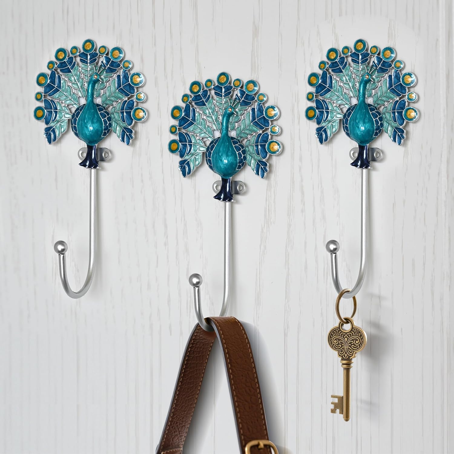Decorative Metal Hanging Hooks, 3-Pack – Toucan, Peacock, Butterfly and Blossom Design | Wall Hooks for Indoors & Outdoors (Peacock Blue)