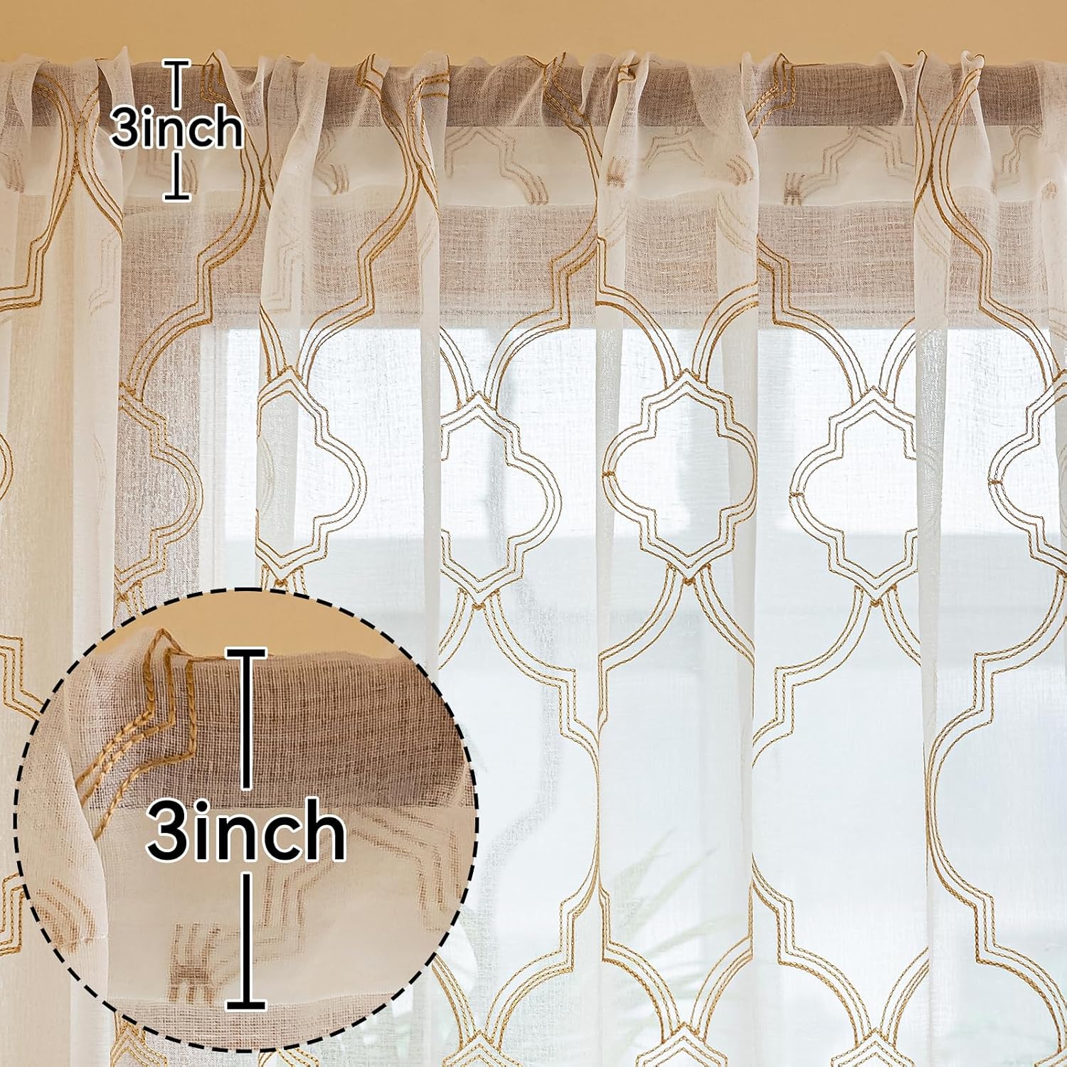 AmHoo 2 Panels Moroccan Geo Embroidered Farmhouse Semi Sheer Curtains Faux Linen Voile for Living Room Bedroom Window Treatment White Taupe 53 x 84 Inch
