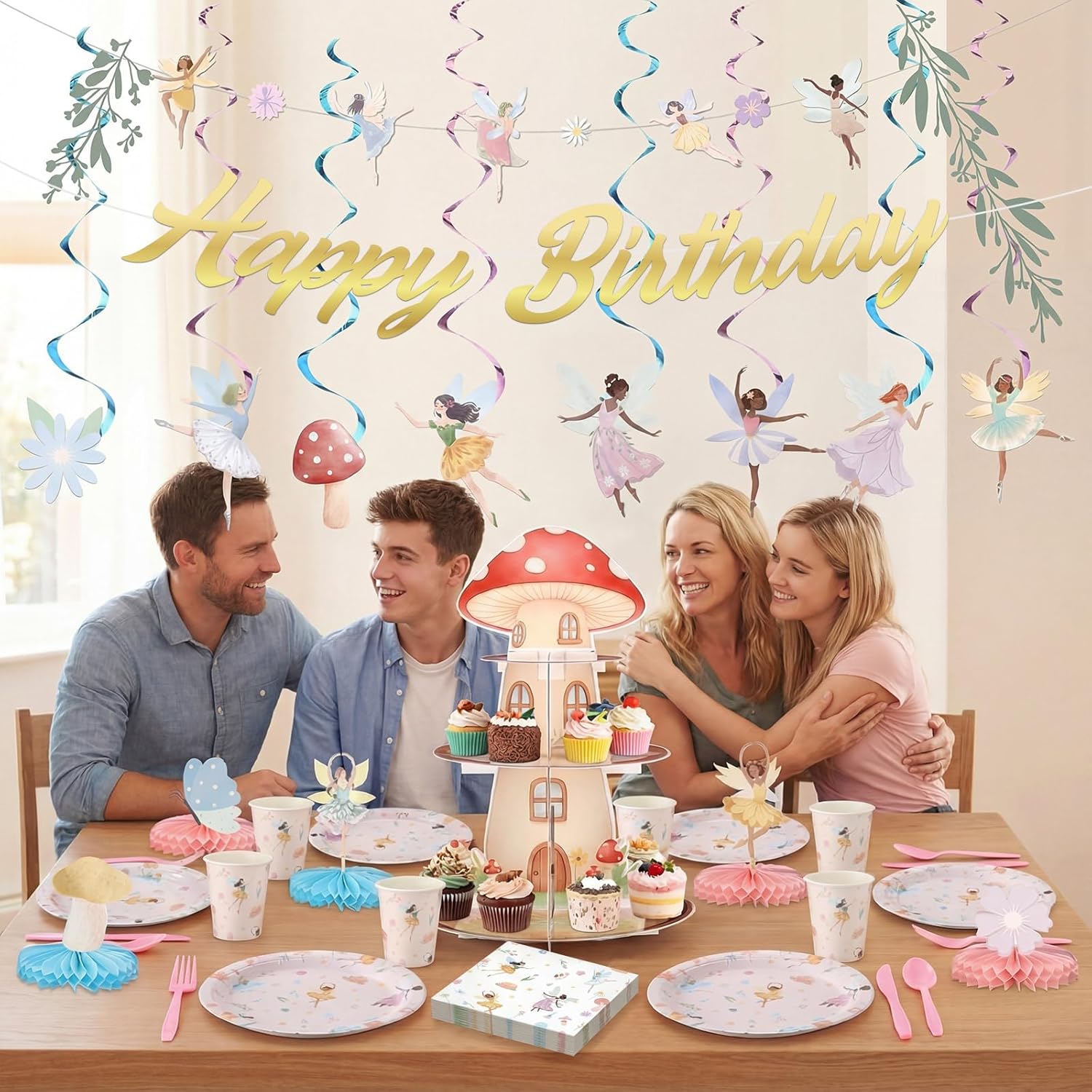 258 Pcs Fairy Birthday Party Decorations Include Disposable Fairy Paper Plate Napkin Teacup Saucer Cupcake Stand Centerpiece Bunting Banner Hanging Decoration Spring Ballet Forest Birthday Baby Shower