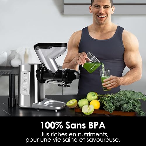 Fretta Cold Pressed Juicer, Fruit and Vegetable Extractor, Stainless Steel Metal Body, with Reverse Chewing Function, 76mm Feed Channel, 200W, BPA Free, Easy to Clean - 10