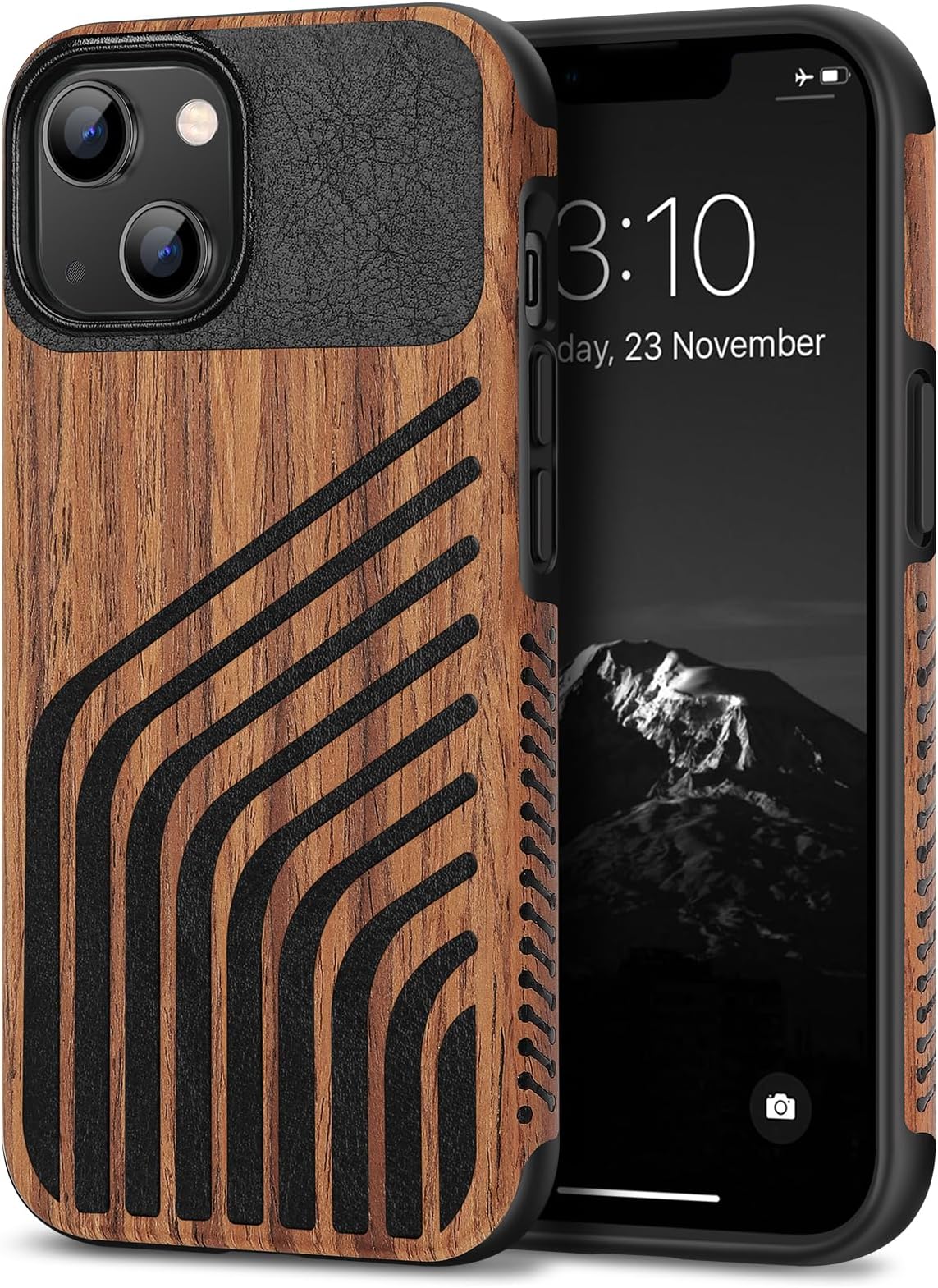TENDLIN Compatible with iPhone 14 Case Wood Grain with Carbon Fiber Texture Design Leather Hybrid Slim Case (Hairline)